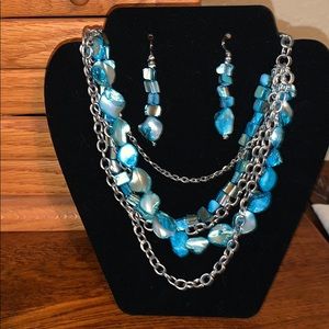 Silver and blue bead necklace and earrings